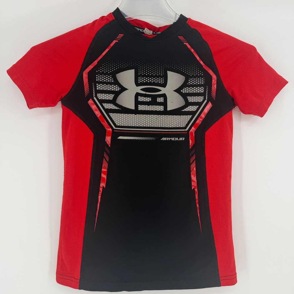 Under Armour Kids HeatGear Red Black Compression Shirt 1264619-001 Size YM